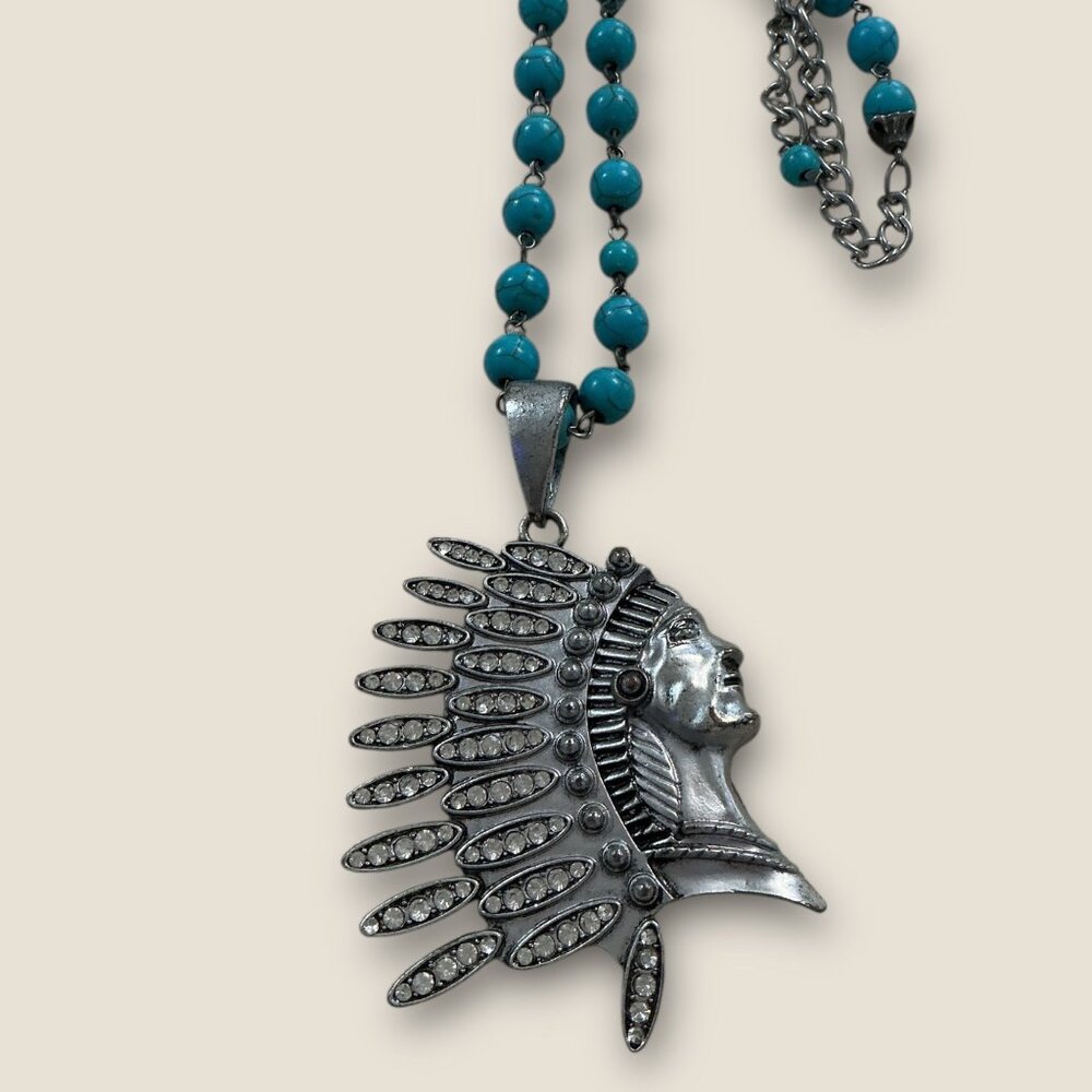 Indian Chief Pendant Necklace With Faux Turquoise Beads & Rhinestones 28-32 Inch